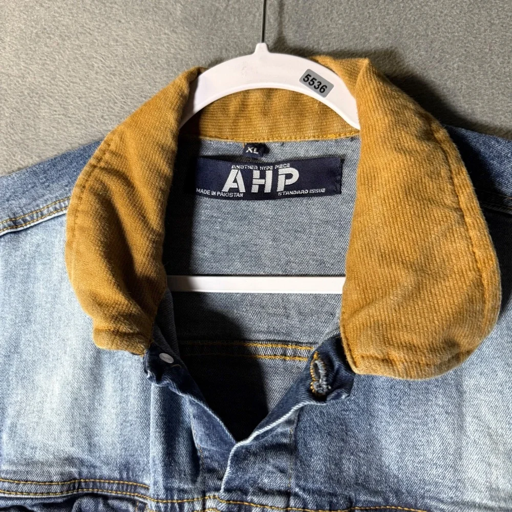 AHP Mens XL Blue Denim Trucker Jacket Corduroy Collar Sandblasted Stretch Cotton